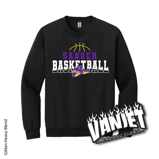 Black crewneck sweatshirt with Sanger Basketball logo.