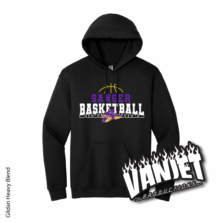 Black hoodie sweatshirt with Sanger Basketball logo.