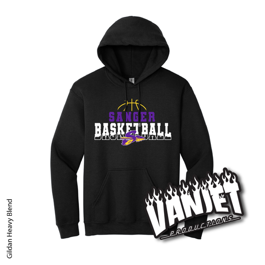 Black hoodie sweatshirt with Sanger Basketball logo.