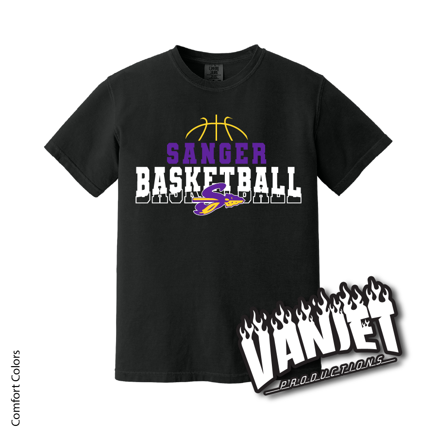 Black t-shirt with Sanger Basketball graphic.
