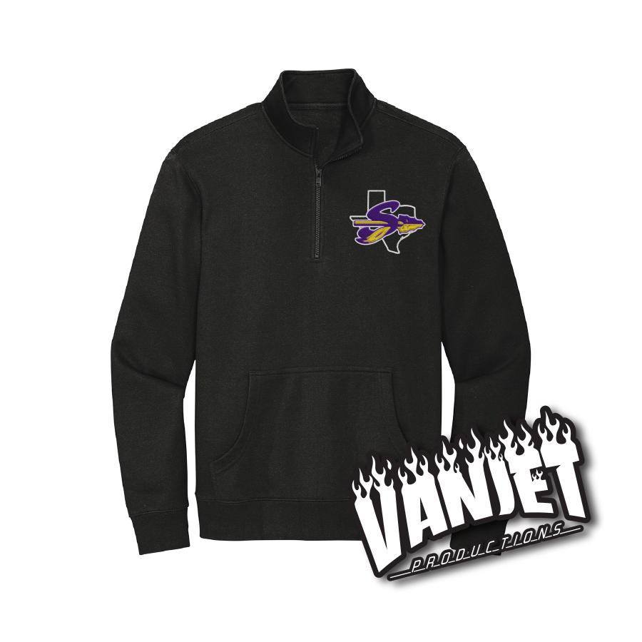 Black quarter zip pullover sweatshirt with Sanger logo.