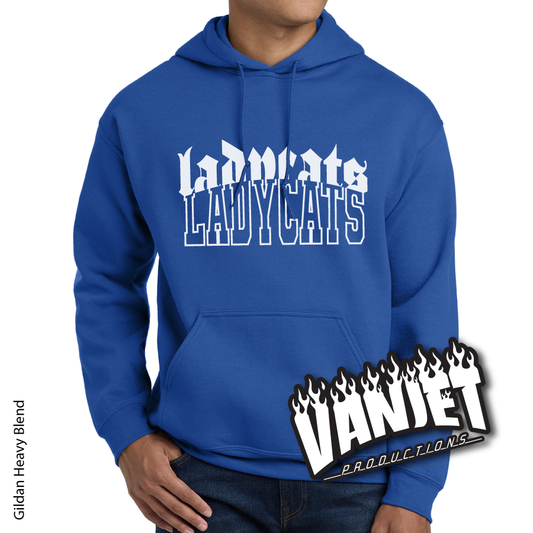 Blue hoodie with with Ladycats logo.