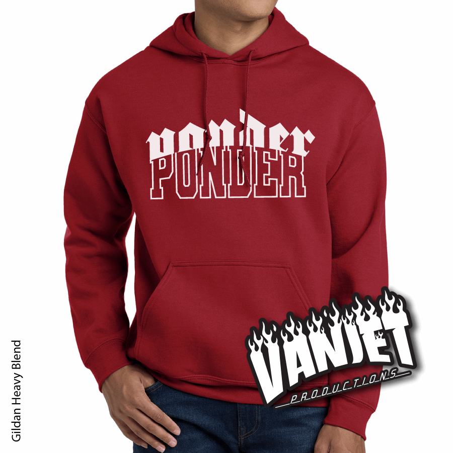 Red hoodie with white Ponder logo.