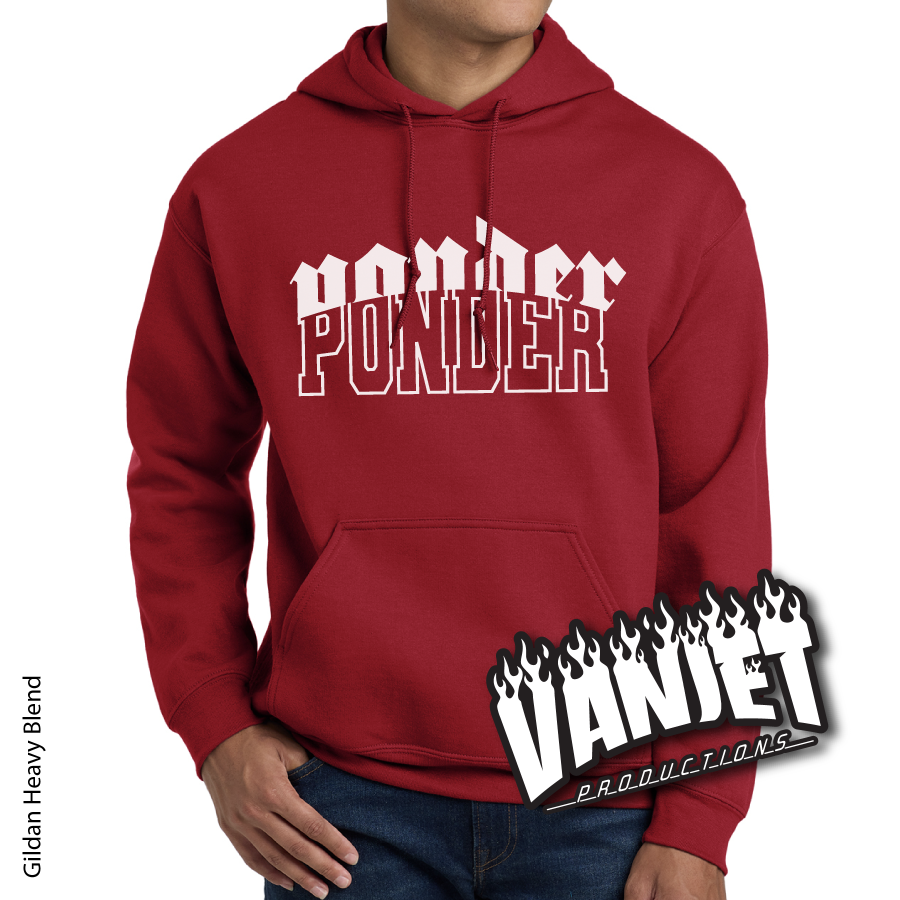 Red hoodie with white Ponder logo.