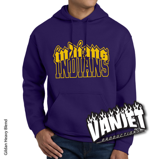 Purple hoodie with yellow Indians logo.