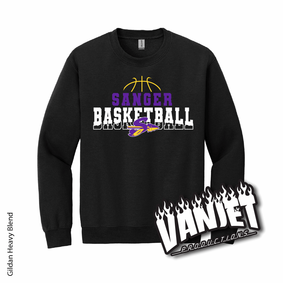 Black crewneck sweatshirt with Sanger Basketball logo.