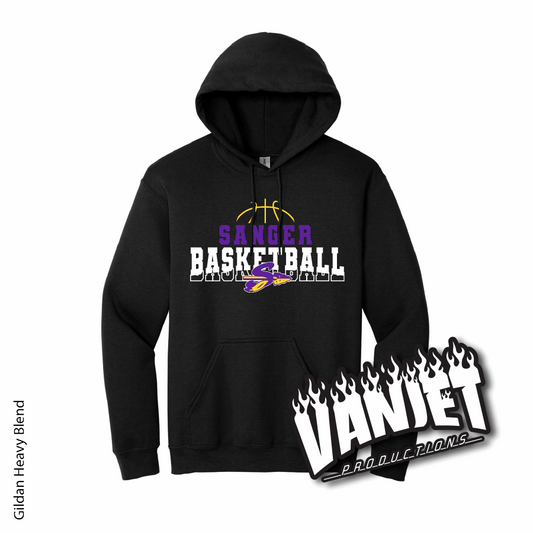 Black hoodie sweatshirt with Sanger Basketball logo.