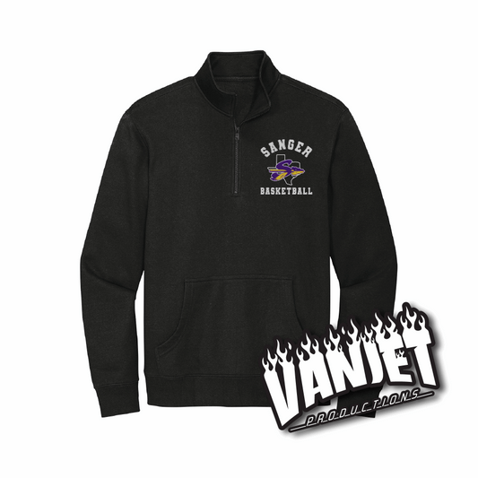 Black quarter-zip sweatshirt with Sanger basketball logo.