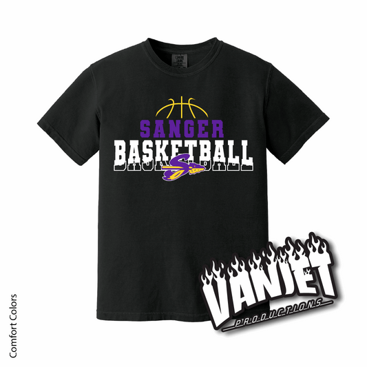 Black t-shirt with Sanger Basketball graphic.