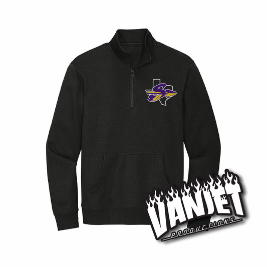Black quarter zip pullover sweatshirt with Sanger logo.