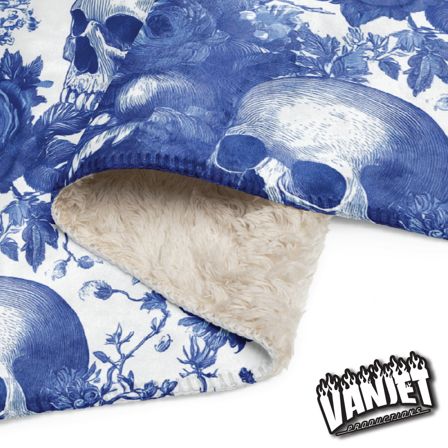 The Flock - Blue & White Floral & Skull Pattern Sherpa Blanket