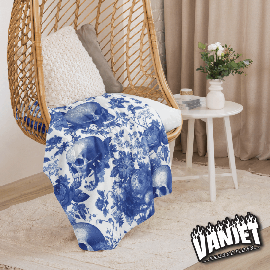 The Flock - Blue & White Floral and Skull Pattern Sherpa Blanket