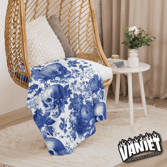 The Flock - Blue & White Floral and Skull Pattern Sherpa Blanket