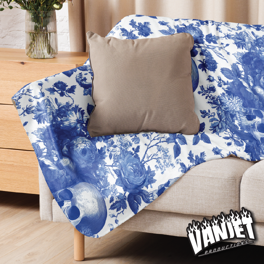 The Flock - Blue & White Floral & Skull Pattern Sherpa Blanket