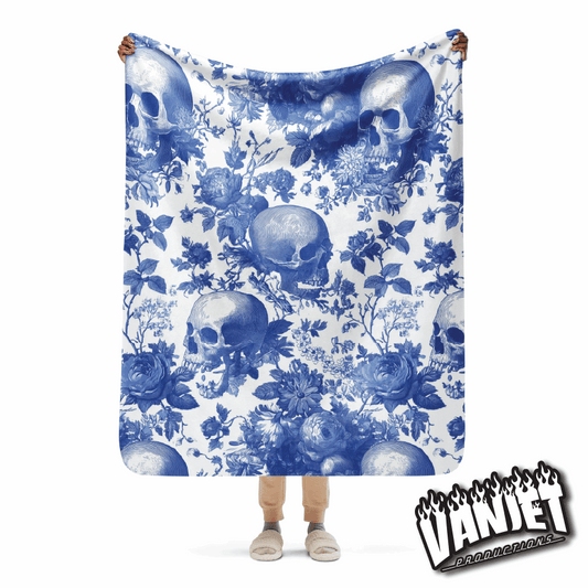 The Flock - Blue & White Floral and Skull Pattern Sherpa Blanket