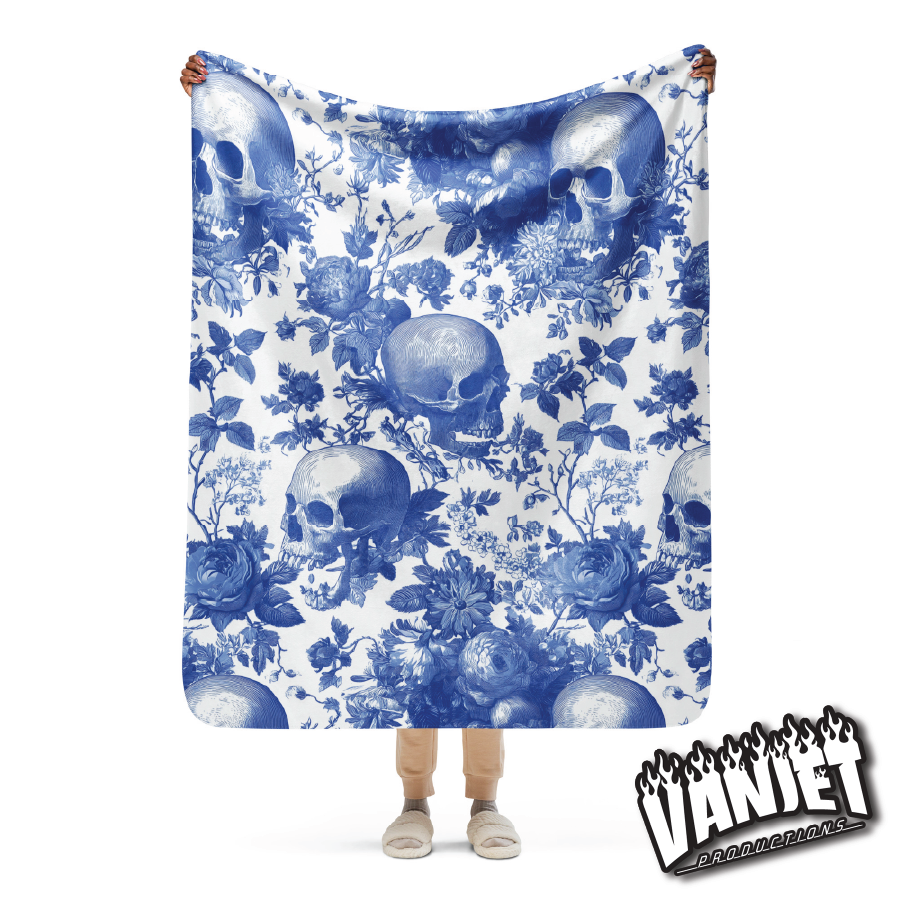 The Flock - Blue & White Floral & Skull Pattern Sherpa Blanket