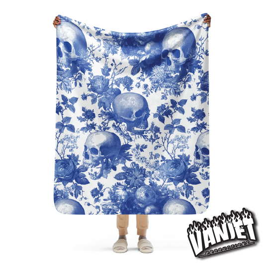 The Flock - Blue & White Floral & Skull Pattern Sherpa Blanket