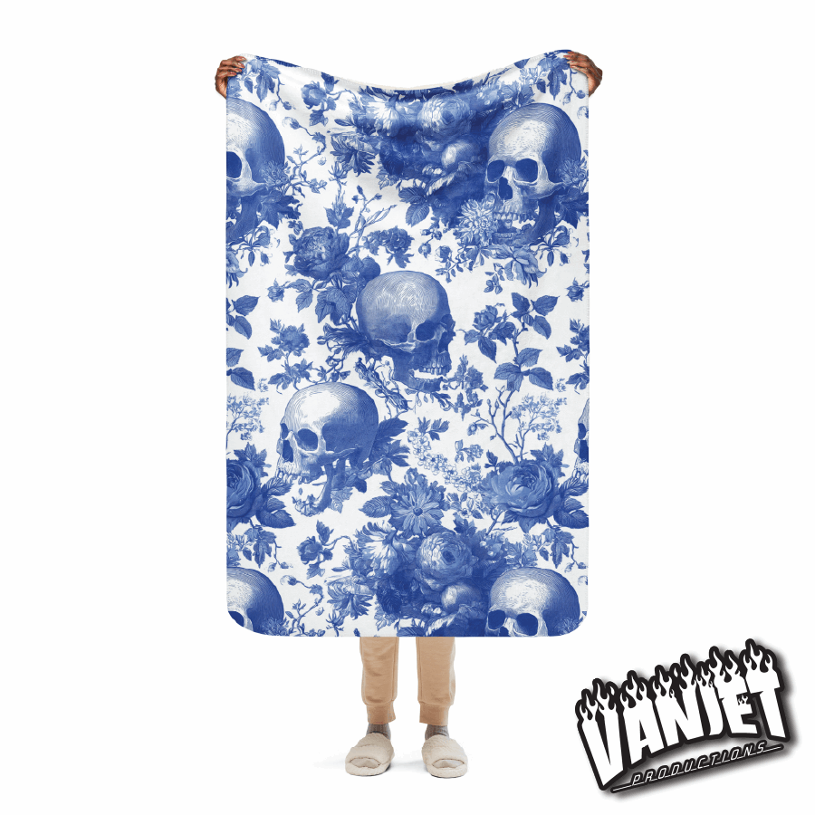 The Flock - Blue & White Floral and Skull Pattern Sherpa Blanket