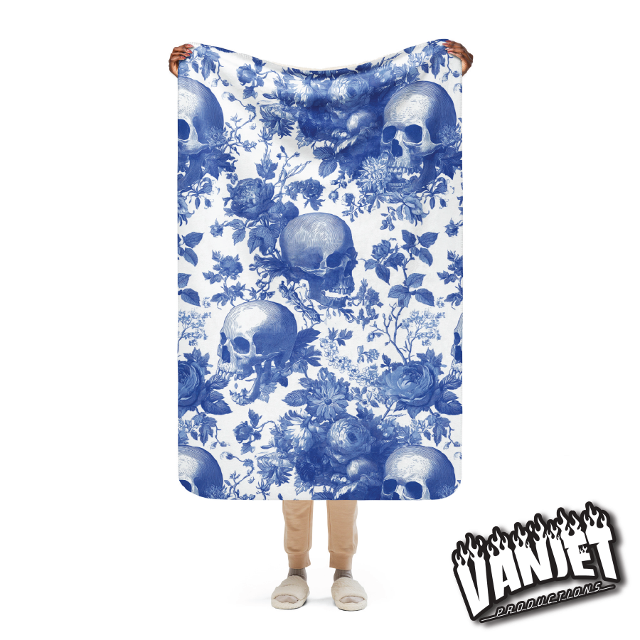 The Flock - Blue & White Floral & Skull Pattern Sherpa Blanket