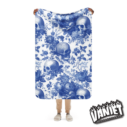 The Flock - Blue & White Floral & Skull Pattern Sherpa Blanket