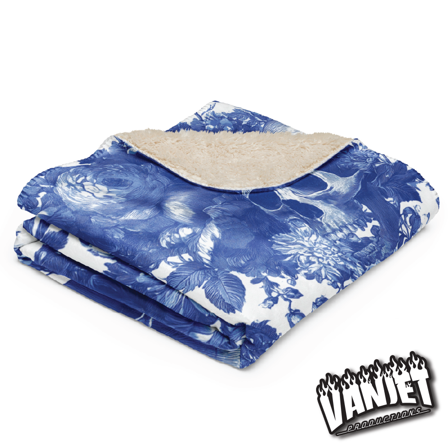 The Flock - Blue & White Floral & Skull Pattern Sherpa Blanket