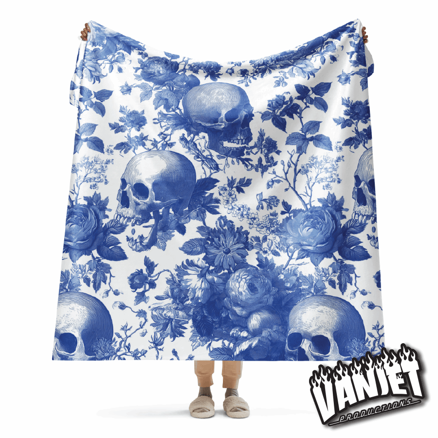 The Flock - Blue & White Floral and Skull Pattern Sherpa Blanket