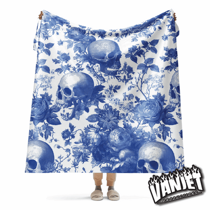 The Flock - Blue & White Floral and Skull Pattern Sherpa Blanket