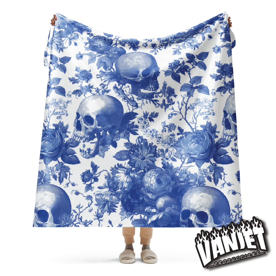 The Flock - Blue & White Floral & Skull Pattern Sherpa Blanket