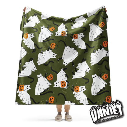 The Flock - Ghost Cat & Jack o' Lantern Pattern Sherpa Blanket