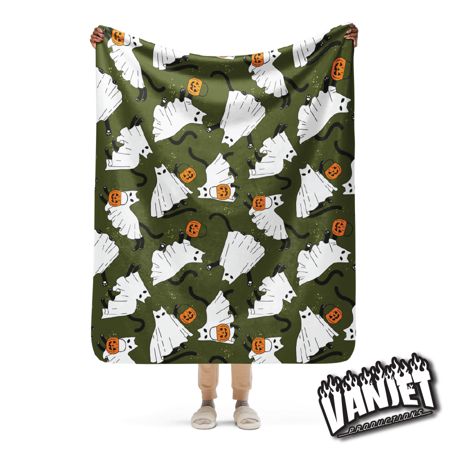 The Flock - Ghost Cat & Jack o' Lantern Pattern Sherpa Blanket
