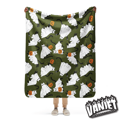 The Flock - Ghost Cat & Jack o' Lantern Pattern Sherpa Blanket