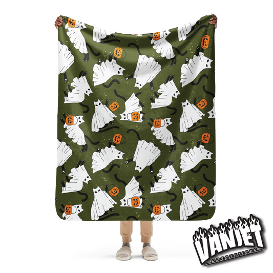 The Flock - Ghost Cat & Jack o' Lantern Pattern Sherpa Blanket