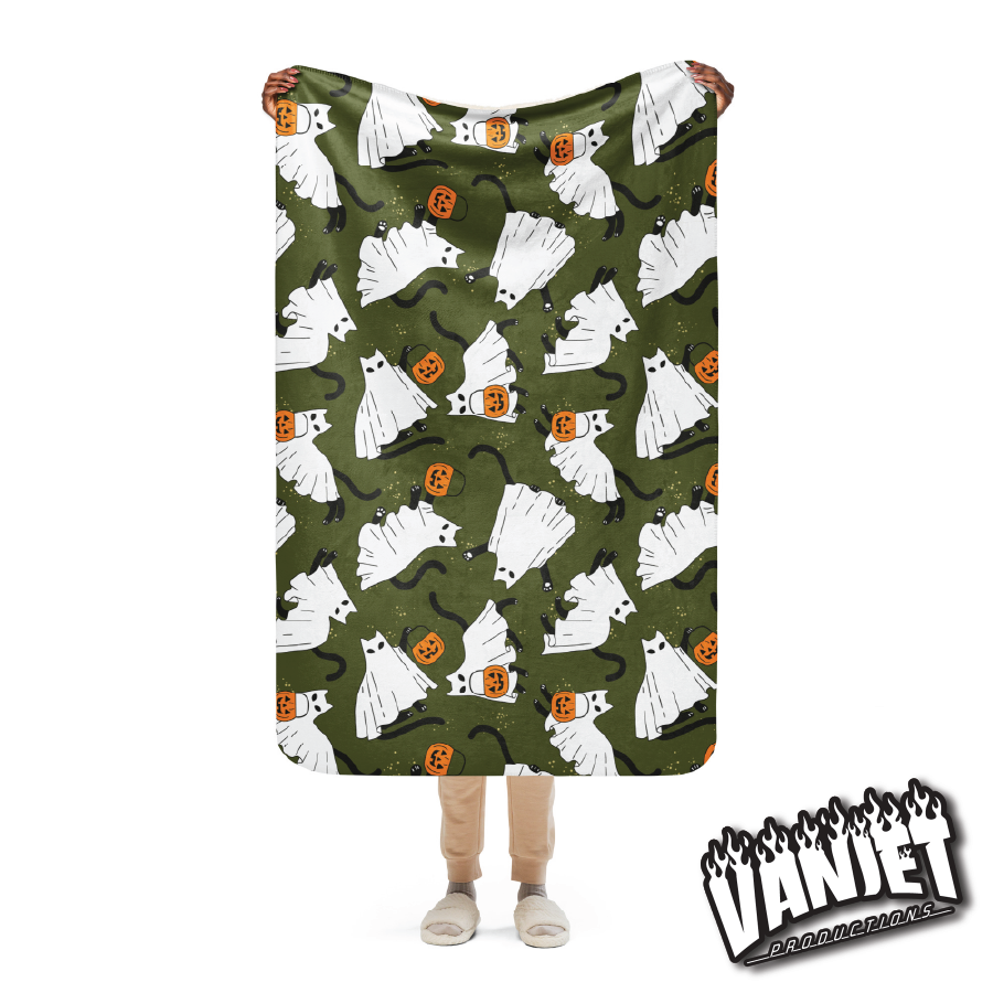 The Flock - Ghost Cat & Jack o' Lantern Pattern Sherpa Blanket