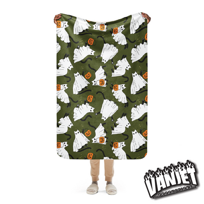 The Flock - Ghost Cat & Jack o' Lantern Pattern Sherpa Blanket